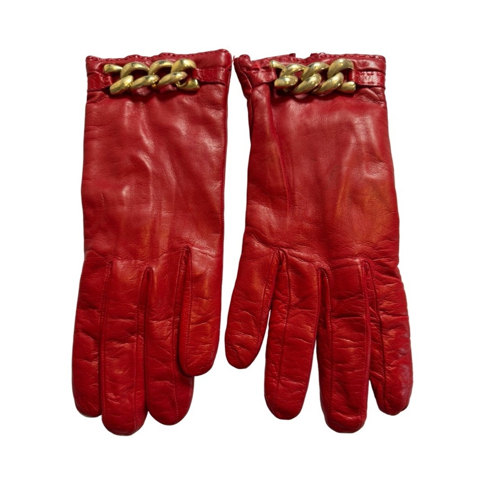 Sermoneta Red Leather Cashmere Lined Gloves Gold Chain Detail Size 7.5 Italy
